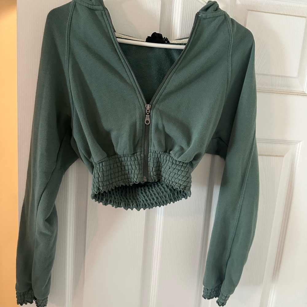 Urban Outfitters Green Smocked Cropped Sweatshirt
